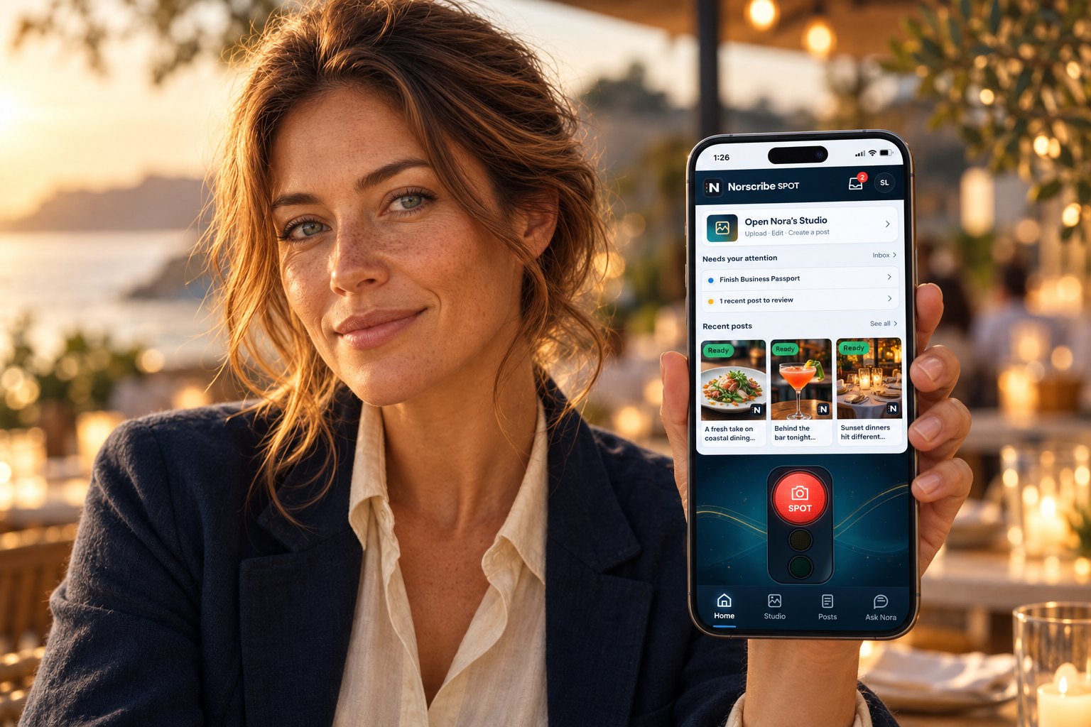 Nora holding a phone with the SPOT home screen, fictional restaurant posts and red SPOTlight.